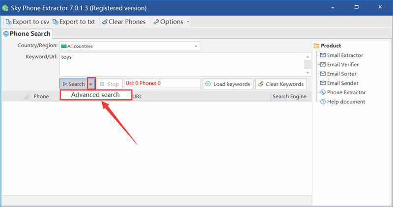 How to use advanced search in sky phone extractor step1