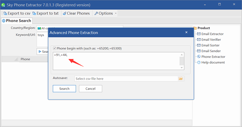 How to use advanced search in sky phone extractor step2