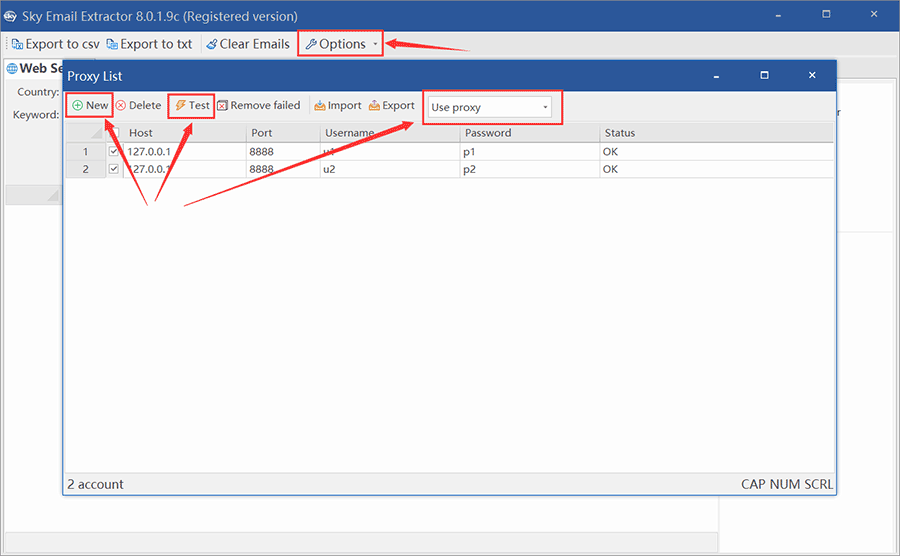 How to use proxy in sky email extractor step1