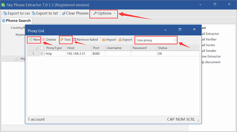 How to use proxy in sky phone extractor step1