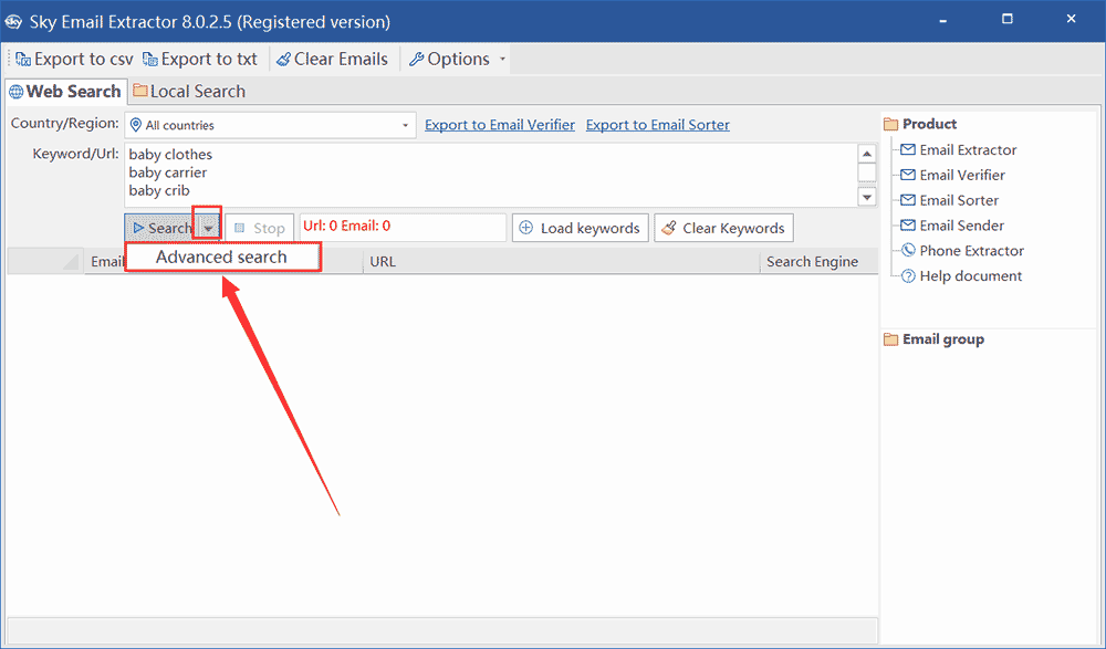 How to use advanced search in sky email extractor step2