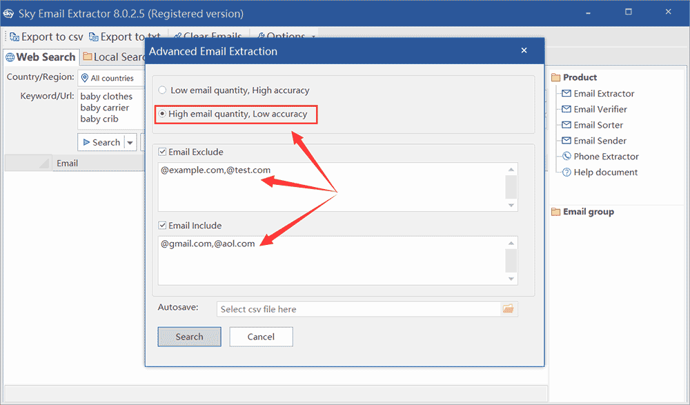 How to use advanced search in sky email extractor step3