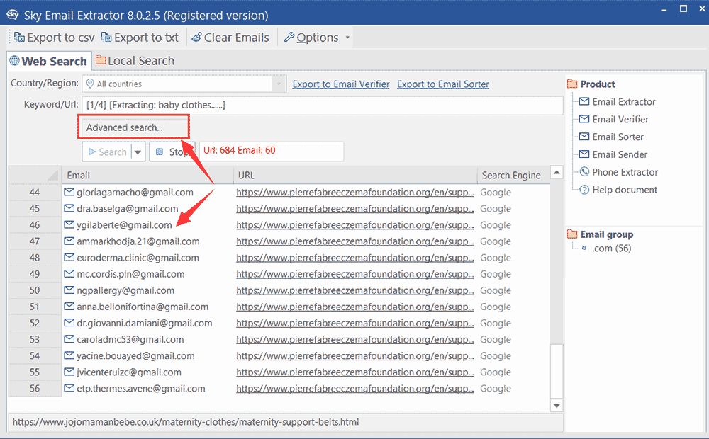 How to use advanced search in sky email extractor step4